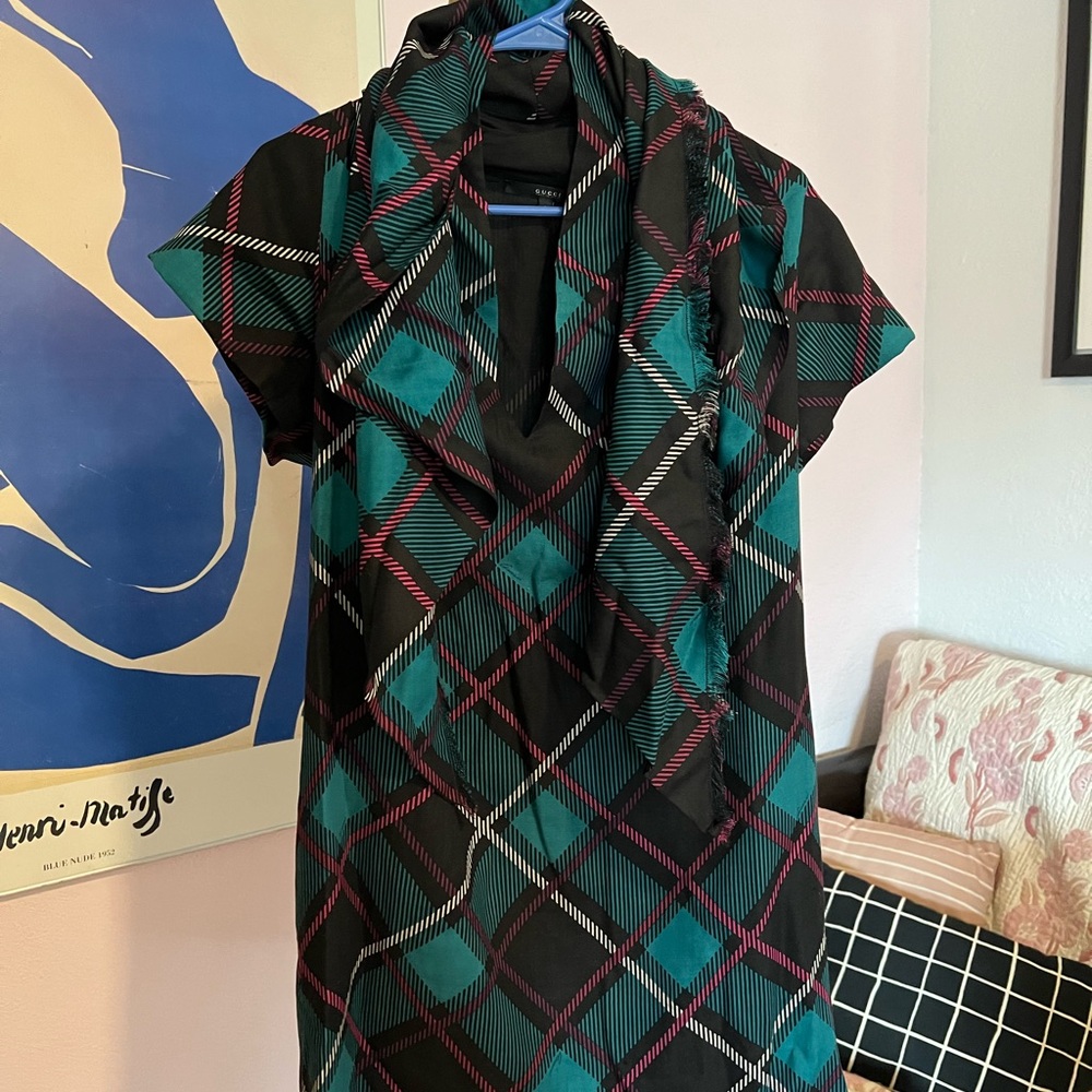 Gucci Plaid Wool/Silk mini dress w/ attached scarf